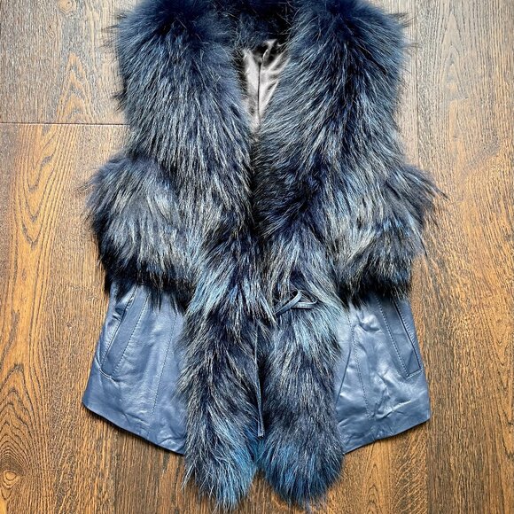 NWOT Leather Vest Navy Blue Real Fox Fur S size - Picture 8 of 16